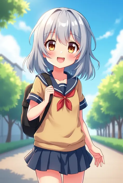 White  cartoon in school uniform, brown eyes, medium-long straight silver hair.