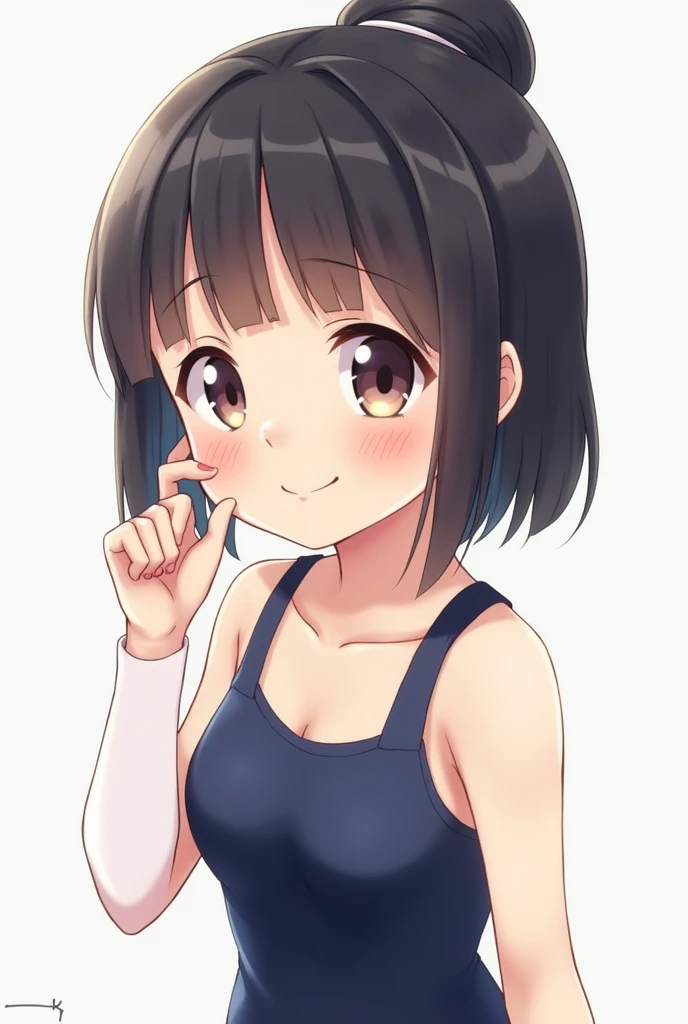 cute, girl, , 6th elementary school student, black hair, Bob- Half up-short ponytail, dark blue school swimsuit, white knee-high socks, medium bust, (((shiny skin))), blush, smile