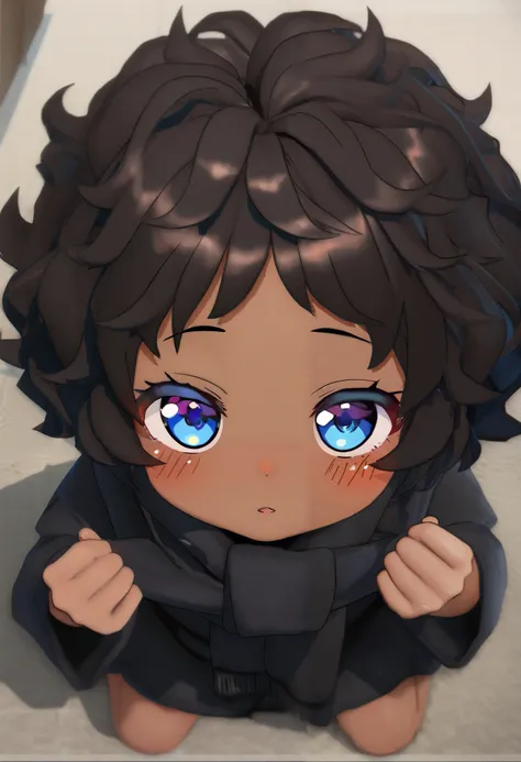 3D  style datailed high angle of a cute small toddler girl big head with short hair black hair wavy hair fluffy hair afro dark brown skin tone blue eyes wearing a black scarf around neck wearing a black robe sittign on floor playing with toys score_9_up, s...