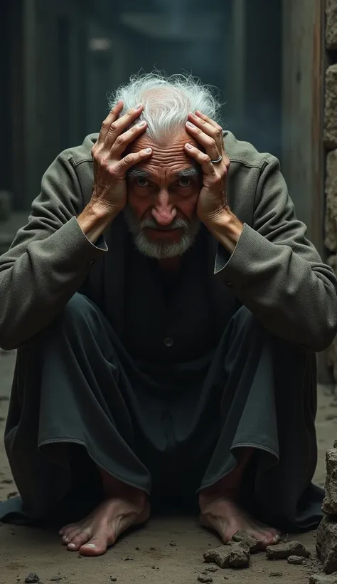 A oldman is sitting with his hands on his head aroung heand