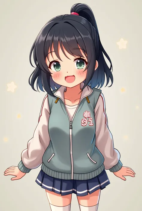 cute, girl, , 6th elementary school student, black hair, Bob- Half up-short ponytail, school track suit, white knee-high socks, medium bust, (((shiny skin))), blush, smile