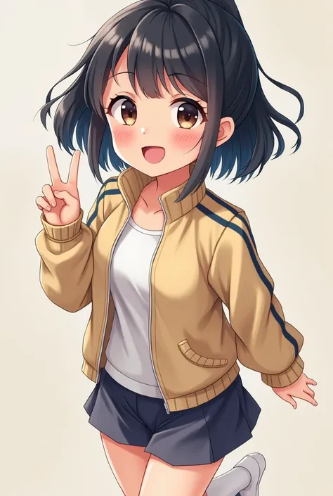 cute, girl, , 6th elementary school student, black hair, Bob- Half up-short ponytail, school track suit, white knee-high socks, medium bust, (((shiny skin))), blush, smile