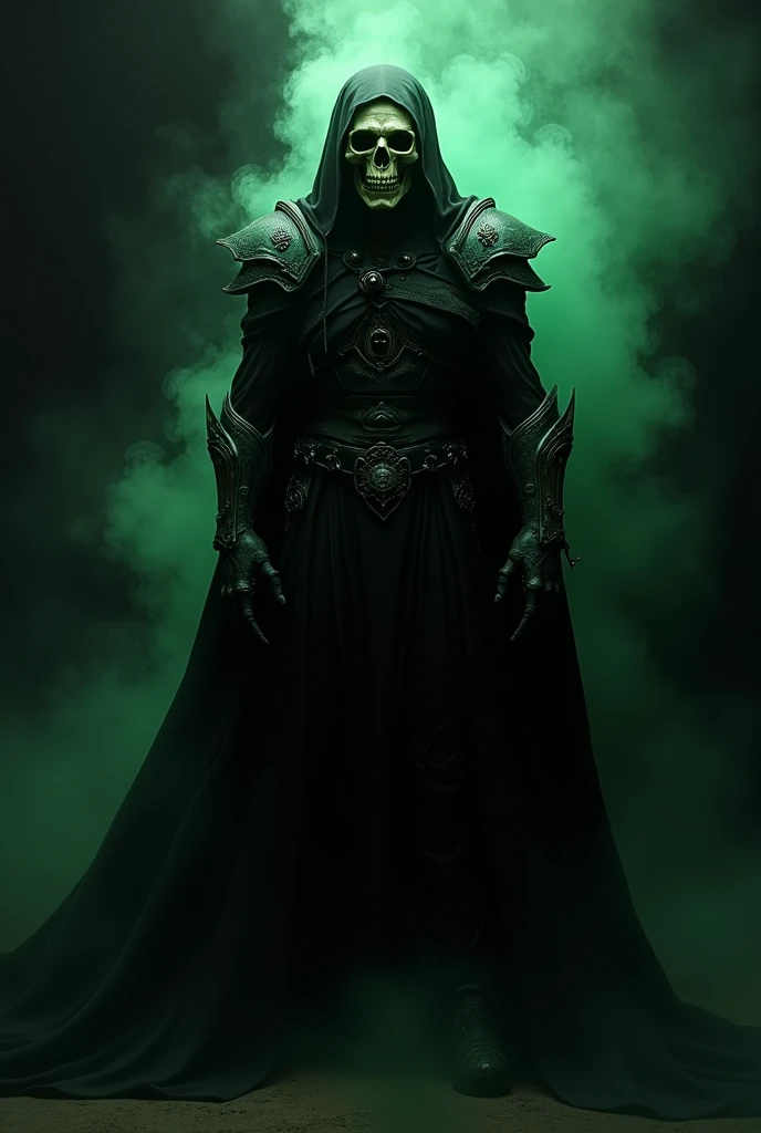 skull head, black cloak, black background, green smoke, black and green armor