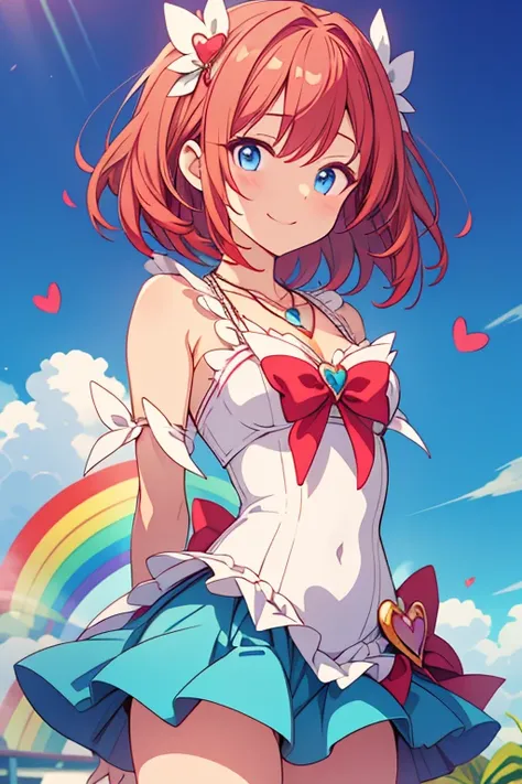 Redhead, blue eyes, medium hair, necklace, magical girl, rainbow, hearts, happy,arms behind back,


