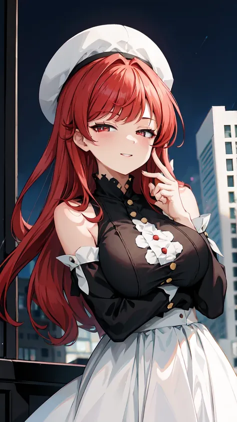 A woman with burgundy hair standing on a rooftop overlooking a city, holding playing cards in between her fingers, large breasts, red eyes, sharp fangs, looking at the viewer, night time with the moon in the sky, wearing a white and red striped outfit, wea...