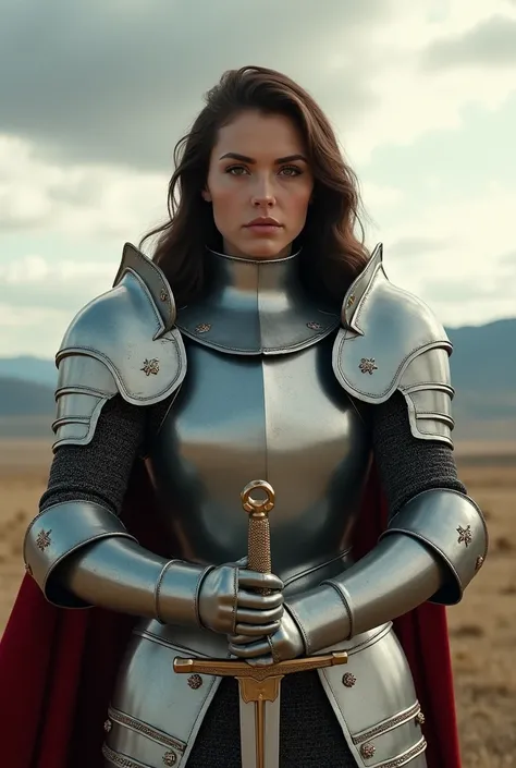 A brunette female knight with metal armour and no helmet 