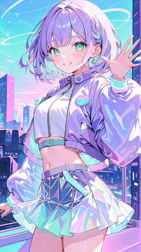 ((masterpiece)), ((best aesthetics)), ((super resolution)), ((best quality)), futuristic anime-style outfit, pastel purple hair, ((bob hair with soft waves)), pastel purple cropped bomber jacket, Metallic silver wrap skirt, (18 years old), translucent mint...