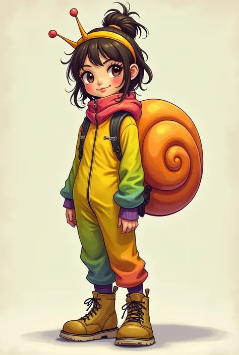 A beautiful girl with a full body in a jumpsuit attached to her body with bright yellow, green, orange and violet colors combined with a turtleneck, hair tied with a headband of snails. ,  long sleeves ,  with a large orange snail shell on her back and a s...