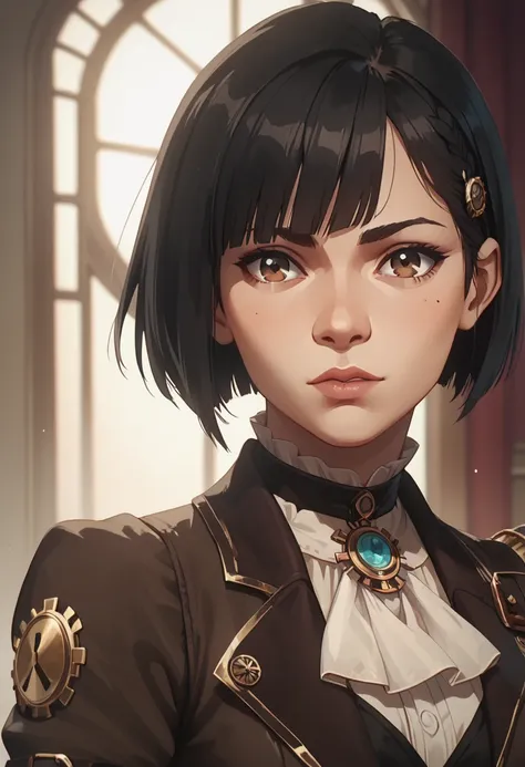 1girl, bob cut, straight bangs, side bangs, black hair, brown eyes, strong, steampunk