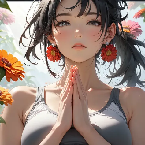  top quality ,  anatomically correct ,  black hair,  ponytail,  zinnia flower decoration and 、 earrings、Hands together in prayer、Im wearing yoga wear、 protrudes from the screen,  angle from below、art、 upper body zoom