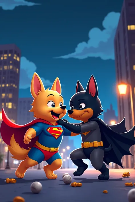 Superman and Batman in leScared doggo art, night