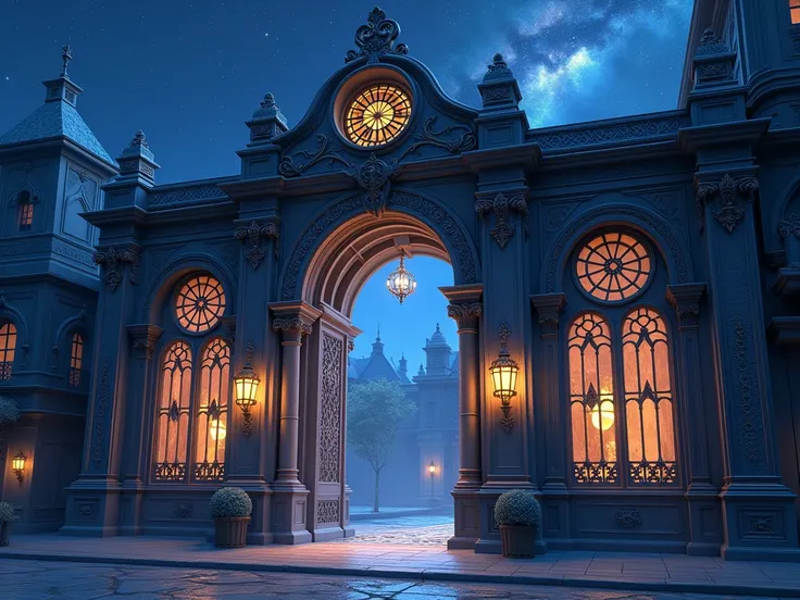 Think about the exterior of a cafe that looks like an entrance to another world with a dark blue starry sky motif

