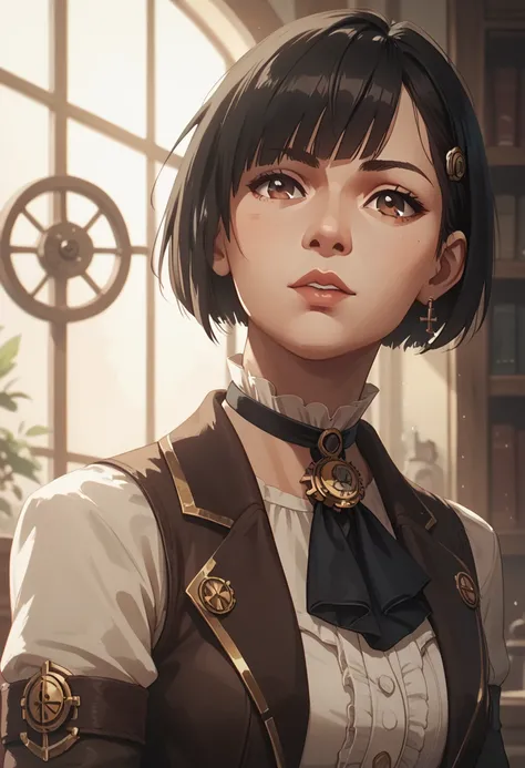 1girl, bob cut, straight bangs, side bangs, black hair, brown eyes, strong, steampunk