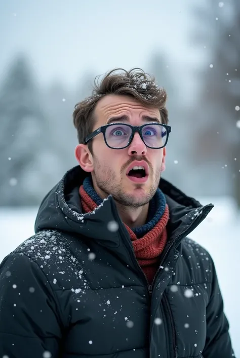 A man standing outside in snow with a shocked or surprised expression, as if theyre facing something unexpected in the winter.
They could have snow on their face or glasses, emphasizing the winter setting.
Expression: A mix of surprise and wonder