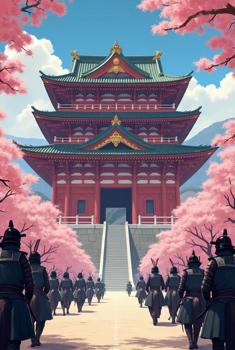 Ancient japanese imperial palace, japanese Fortress, feudal times, Golden details, long road leasing to it, there are horses on The front, powerful samurai around The Fortress, The palace IS in The middle of a small Royal Village, guarded by walls And watc...