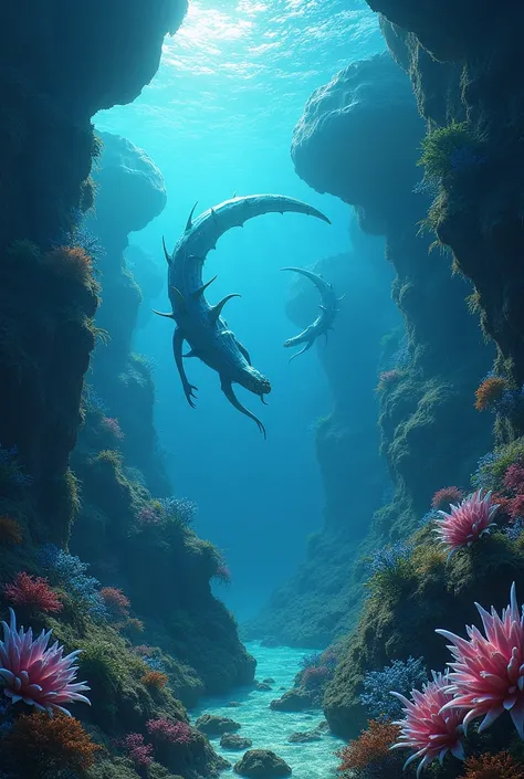 Dive into an alien ocean, focusing on exotic sea life and otherworldly landscapes