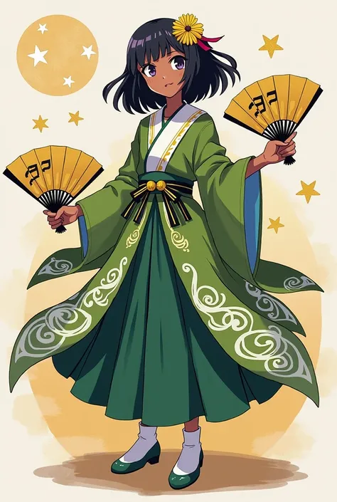  A pillar of kimetsu no yaiba , dark skin,eyes color black and purple , long black hair and a flower-shaped clamp,  aori in green with white and gold and with musical symbols , , her costume that is a little long skirt and her shoes that are quoted and tha...