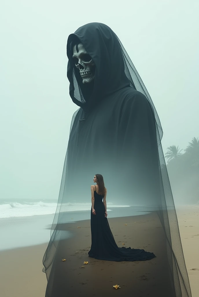 (double exposure of black grim reaper and beautiful woman), [close-up of black grim reapers face in the distance above: beautiful woman standing on the beach, wearing a beautiful dress : 0.25],