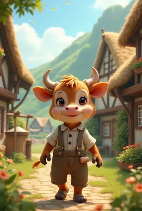 Create a high quality HD images of little cow cub in form of human in village