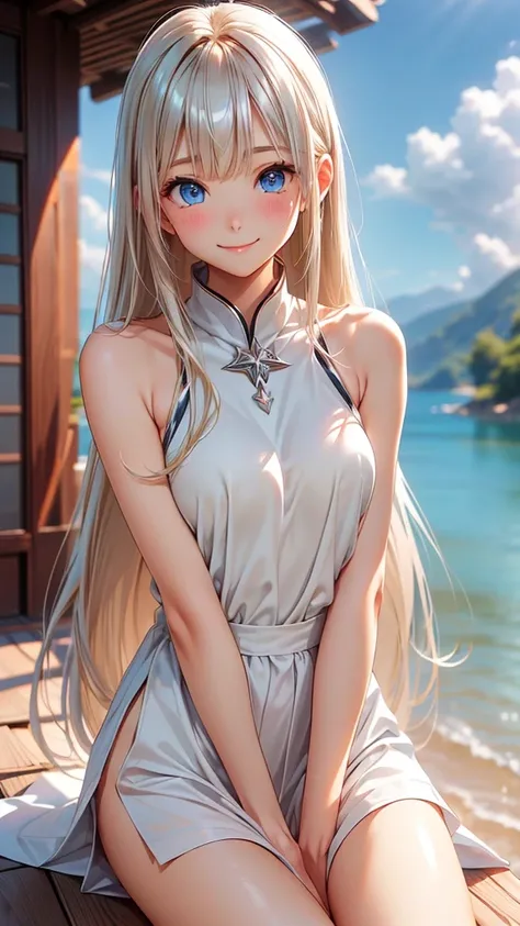 master piece , best quality , (matured female) , (wariza) , hand between legs , shy smile , 白い歯を見せて笑う, full body, Shiny platinum blonde silk super long straight hair, beautiful shiny bangs, big clear sky blue eyes, very beautiful bright eye highlights, Emb...