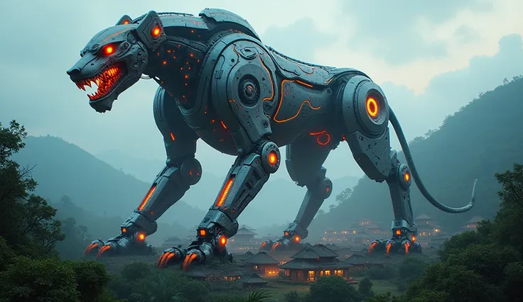 Show a Barong creature as a massive robotic guardian glowing with neon circuits, protecting a village.