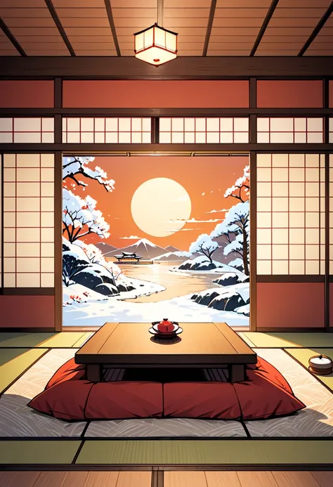 scenery, in the tatami room, kotatsu, warm color, cute, a front view