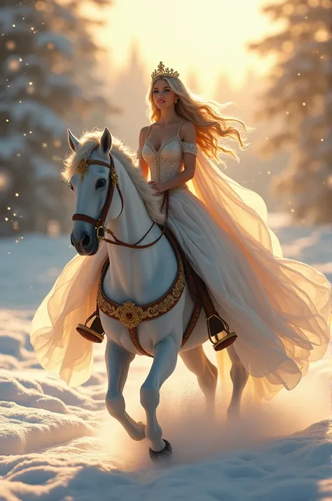 Princess riding a horse riding a horse while the sun is snowing