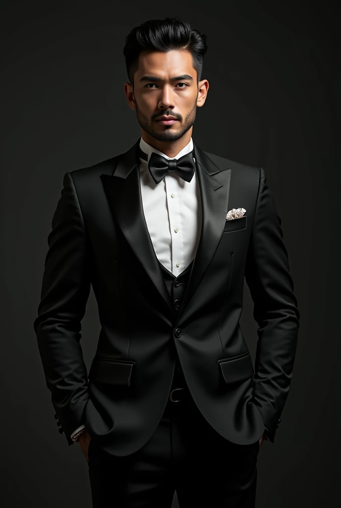  Make me a 29 year old man wearing an elegant black suit with a tough posture, muscular and shapely ,  has a smooth face with no beard or moustache ,  highlight eyes like an eagle ,  with dark black hair that squeaks ,  a ruthless mafia leader and worth re...