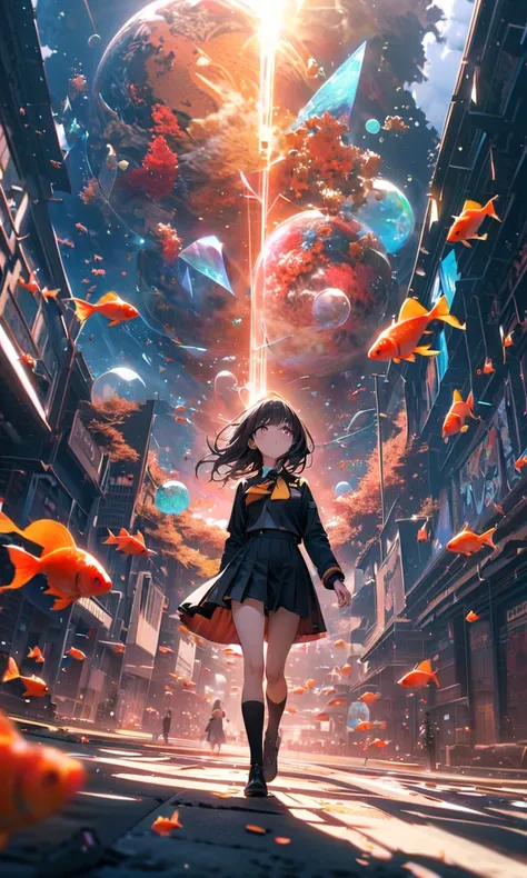 (female(student, age of 15, JK, short silver floating hair, cosmic colored eyes, black color uniform of school, pale skin, tired face with no shine in the eyes) is looking up at the sky), (so many goldfish are swimming in the air), beautiful sky, beautiful...