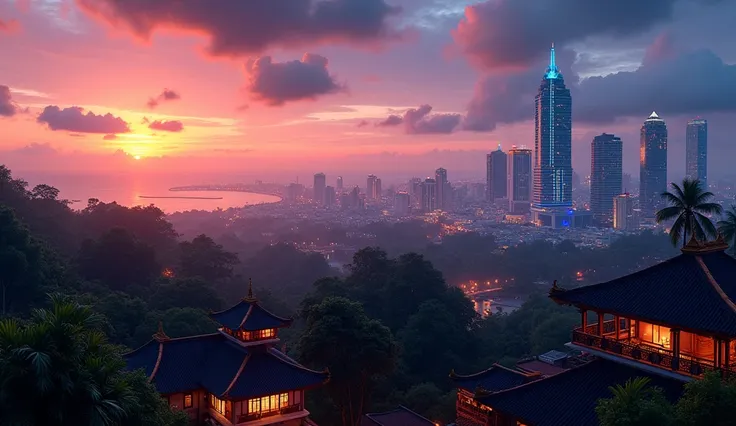 A panoramic sunset-to-night shot of Balis cityscape, featuring a blend of traditional rooftops and towering neon-lit skyscrapers.