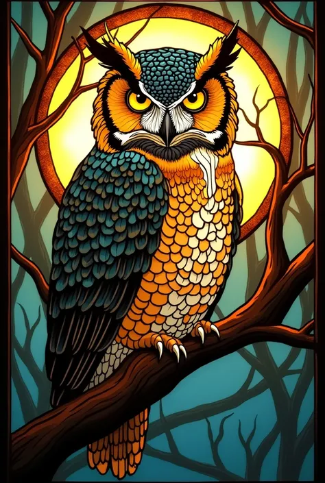 a close up of a  stained glass  owl sitting on a tree branch,  stained glass  art, maxim verehin  stained glass , 輝く owl under guard, golden twilight  stained glass , すべての owl under guardの中で最も賢い, on a  stained glass  window,  stained glass  style, 輝く owl u...