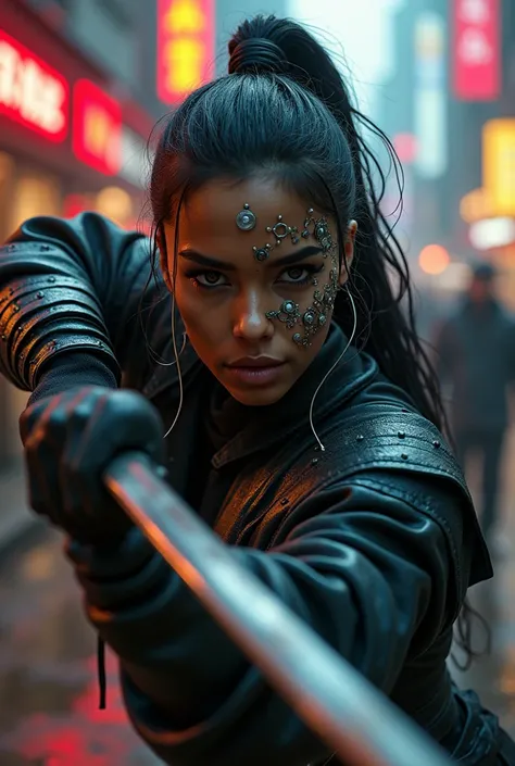 cyberpunk, dark skinned indian woman, street samurai, fighting, braided ponytail, with a lot of cyberware on face