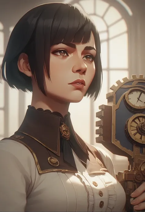 1girl, bob cut, straight bangs, side bangs, black hair, brown eyes, strong, steampunk