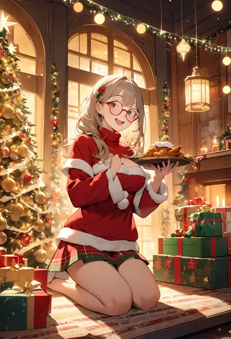 A girl, dressed in a miniature, festive Santa Claus costume – a short skirt revealing a cleavage, a turtleneck sweater, and spectacles perched on her nose – is joyfully laughing in her decorated Christmas living room. Her arms are laden with gifts; one han...