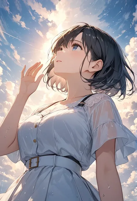 Anime、((  irrational  )),(  masterpieces  :1.2),超   portrait ,   Attention to Detail  ,  Measure size ,    portrait , 最 Measure size , 4K, 8k、  big-breasted girl crying  、  The girl looks up into the sky and raises her hand up into the sky.、 sky covered wi...