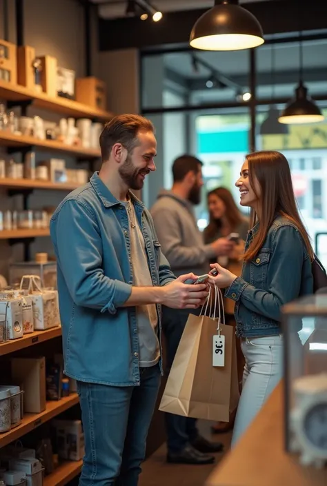 Here’s the prompt for your new request:  

"A realistic scene inside a modern pawn shop where a happy customer is purchasing multiple items, such as electronics, jewelry, and tools, at discounted prices. The customer is holding shopping bags or items with ...