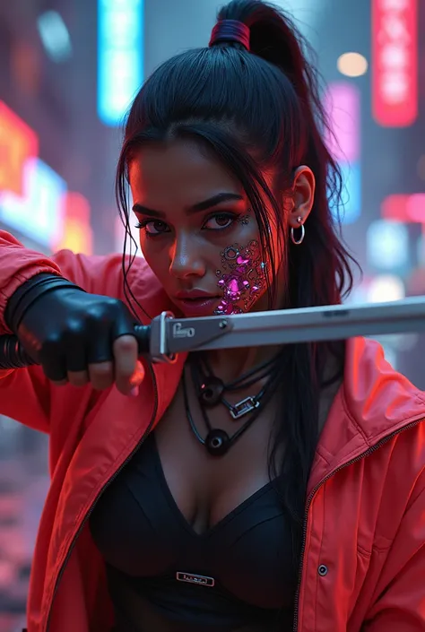 cyberpunk, dark skinned indian woman, street samurai, fighting, braided ponytail, neon jacket, with a lot of cyberware on face