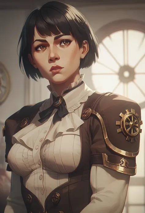 1girl, bob cut, straight bangs, side bangs, black hair, brown eyes, strong, steampunk, flexing 