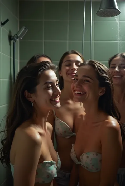 Capture a full length photo of a group of young pale Italian women smiling in a shower . Shoot from the opposite side of the room, creating a sense of intimacy.  Subtle shadows should dance across their skin, emphasizing the contrast between light and shad...