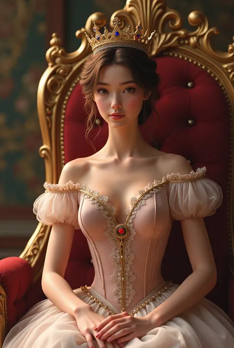  A beautiful princess wearing a queens crown is sitting on the throne . Her brother is the prince .  He is handsome with short brown hair wearing a female ballet suit and ends up in front of her