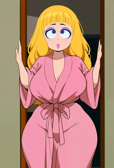 South Park screencap style of a woman with long blonde hair shinny hair blunt bangs blue eyes round eyes purple eyeshadow pink lips glossy lips pouty lips wide hips wearing a pink bath robe score_9_up, score_8_up, masterpiece, best quality
