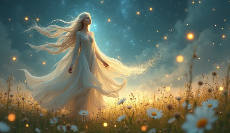 In a scene of ethereal beauty, a celestial being with shimmering silver skin and luminous golden eyes stands in a meadow filled with floating orbs of memories. This captivating image is a digital painting that captures every intricate detail in stunning cl...