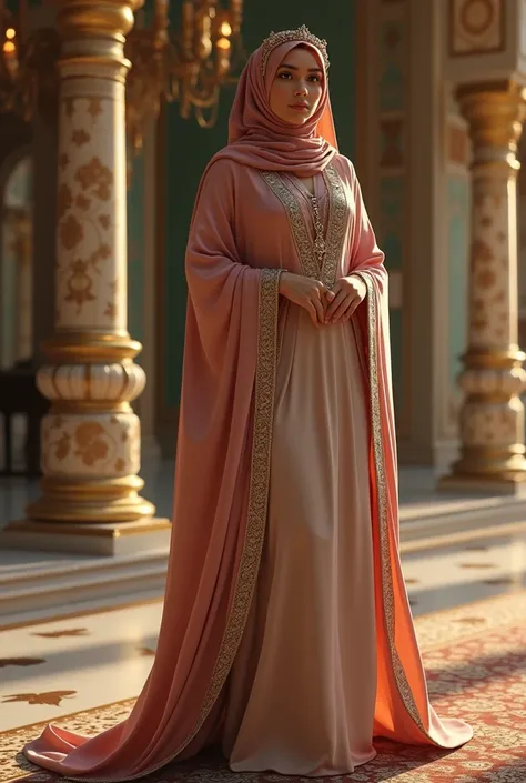 Princess of Saudi Arabia, wears long dress, wears hijab, high, big, full body.  in the palace.