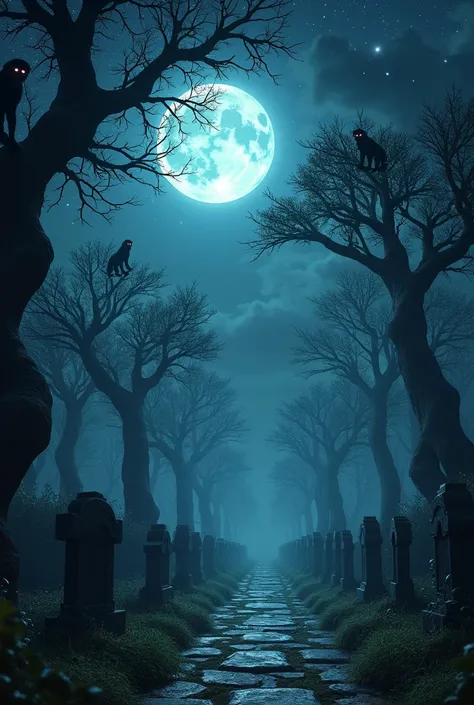 Let me make a picture of a somewhat scary and lovely cemetery in which the stars and the moon will be filled with stars and the moon, and the scary monkeys and the olives will hang again.