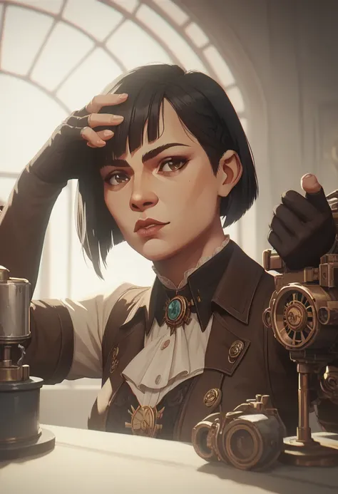 1girl, bob cut, straight bangs, side bangs, black hair, brown eyes, strong, steampunk, flexing 