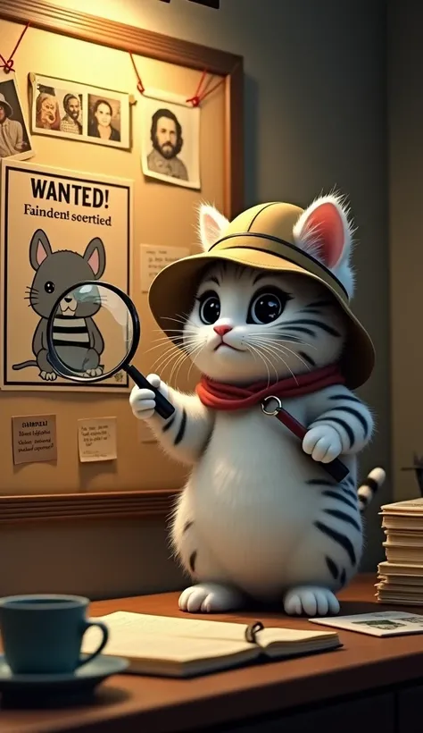  A white fluffy kitten with a black striped motif like a tiger ,  wearing a classic detective hat and holding a magnifying glass in one of his hands.  Cat standing upright in front of a large investigative board filled with photos , Notes ,  and red thread...