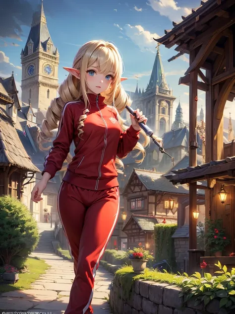 high quality, 8k. masterpiece, high quality, High resolution,  8k Ultra HD,  (1 elf girl),  fantasy world 、old medieval cityscape .  elf girl 、Petite、 small tits、 is very skinny、 blonde long hair、(( twin drill hairstyle ))、((Im wearing a red tracksuit)).