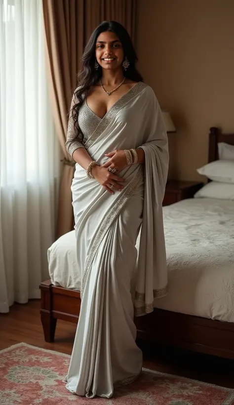 She was a rich busty hot Indian milf in her mid-30s standing near bed, always dressed in the most elegant and sexy silk sarees. she was wearing a silver silk saree with a full-sleeved blouse that perfectly highlighted her ample cleavage and curvy figure , ...