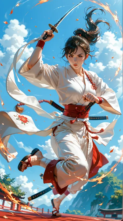  of a girl wearing a matching martial arts uniform ， I held my double sword ，In the martial arts ， with the perfect arc ， at the double sword dance {x} and caused the two swords to constantly generate fire when they collided with the air