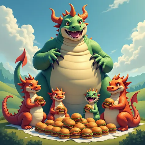 You make it for me fat 4 dragons eating 20 burger, 2 sitting and 2 in 4 parts and behind them an image of a larger fat dragon huge belly, an image more or less like an anime.